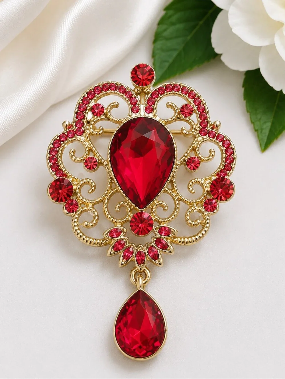 Red Crystal Brooch Pin | Gold Tone
